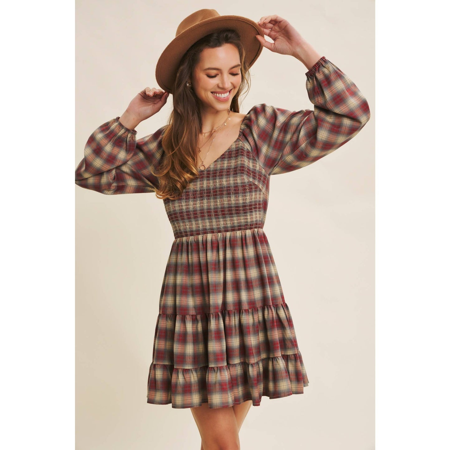 PLAID MINI SMOCKED DRESS WITH RUFFLES