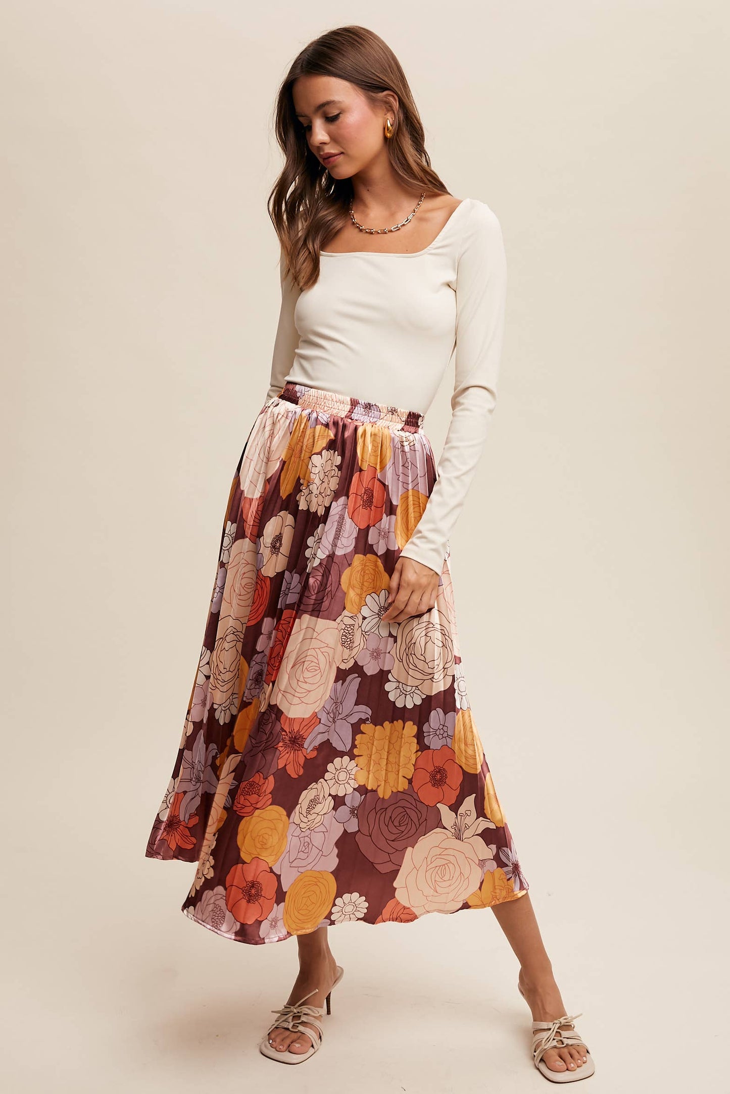 Bold Floral Pleated Midi Skirt