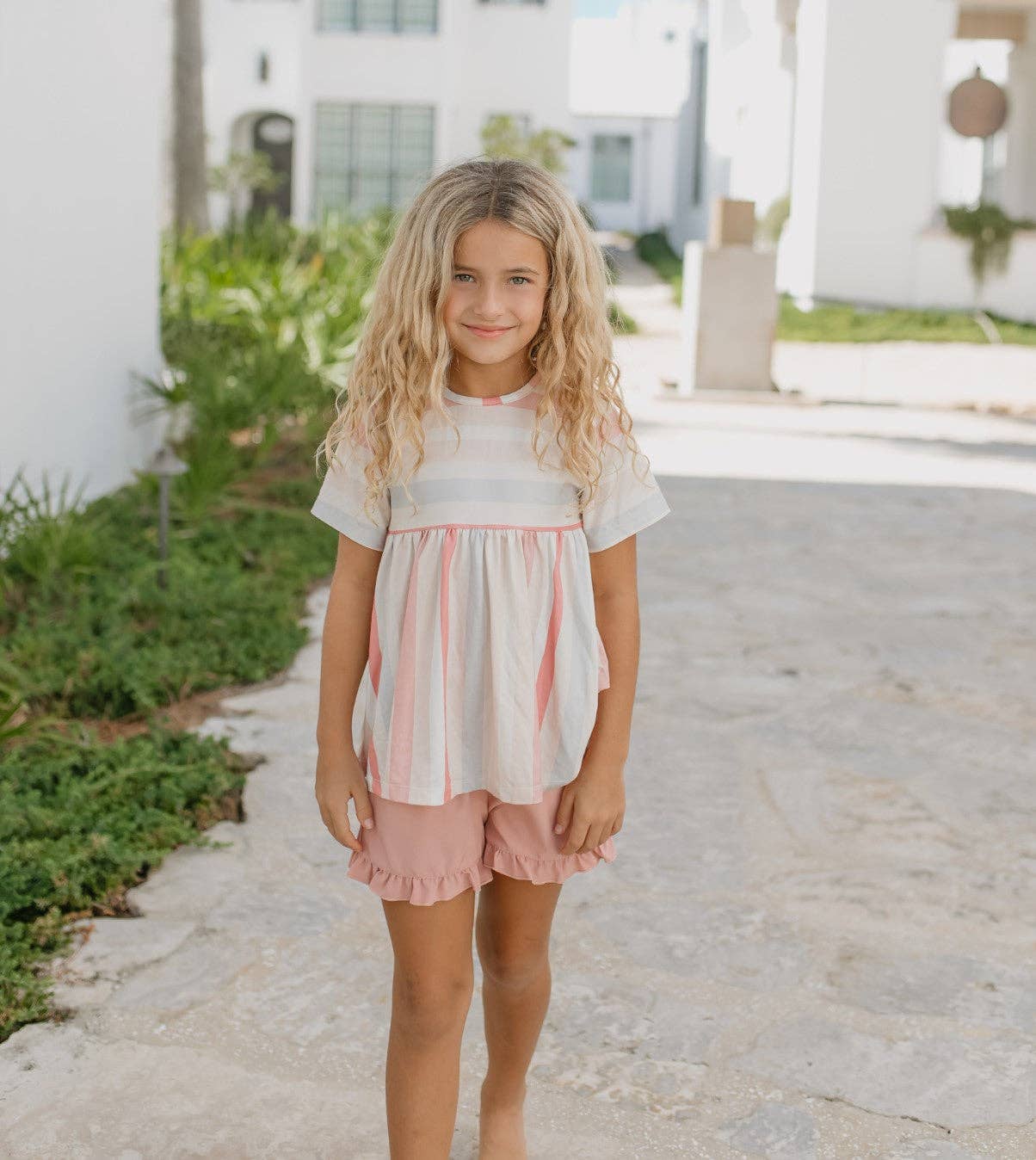 Kids Sand Blush Stripe Pocket Ruffle Summer Short Set