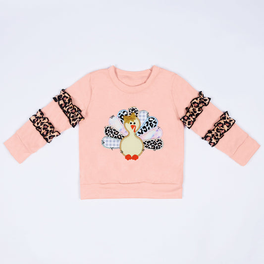 Coral leopard turkey applique girl top