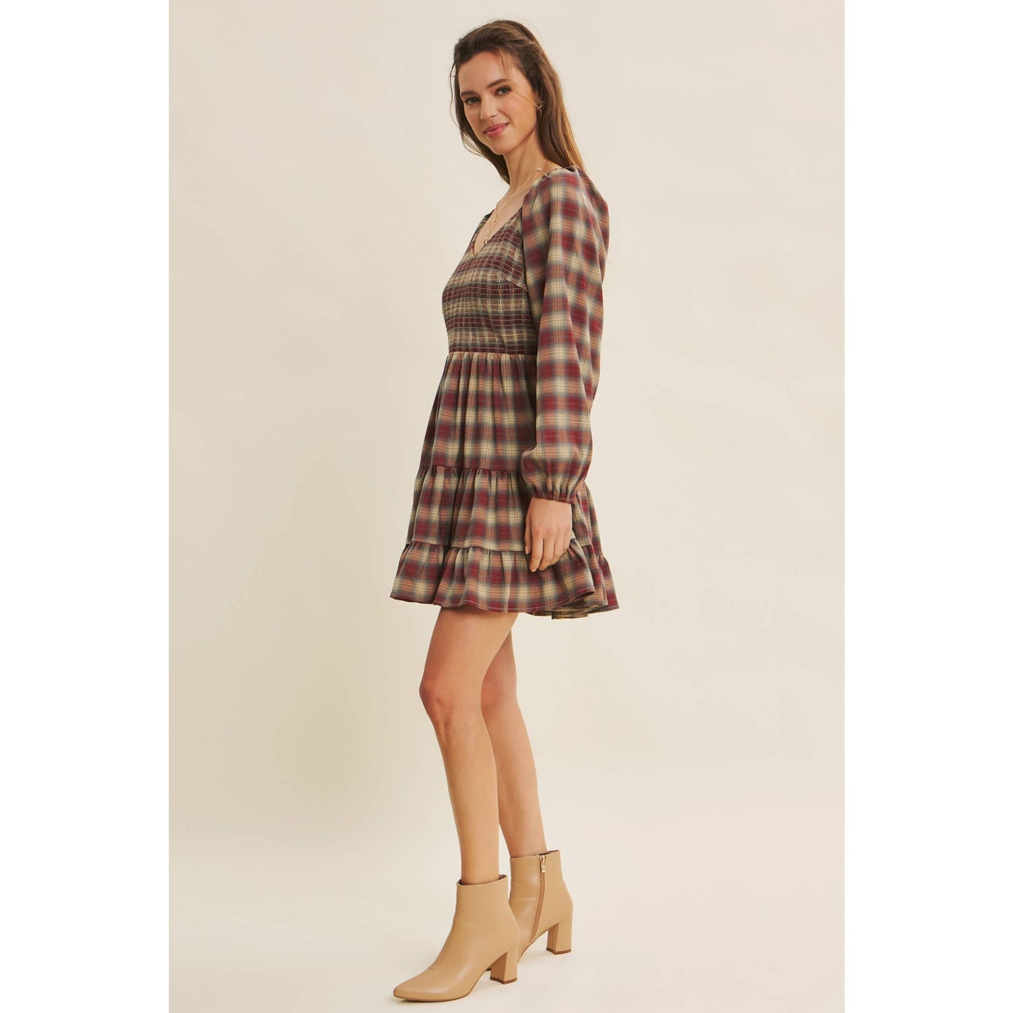 PLAID MINI SMOCKED DRESS WITH RUFFLES