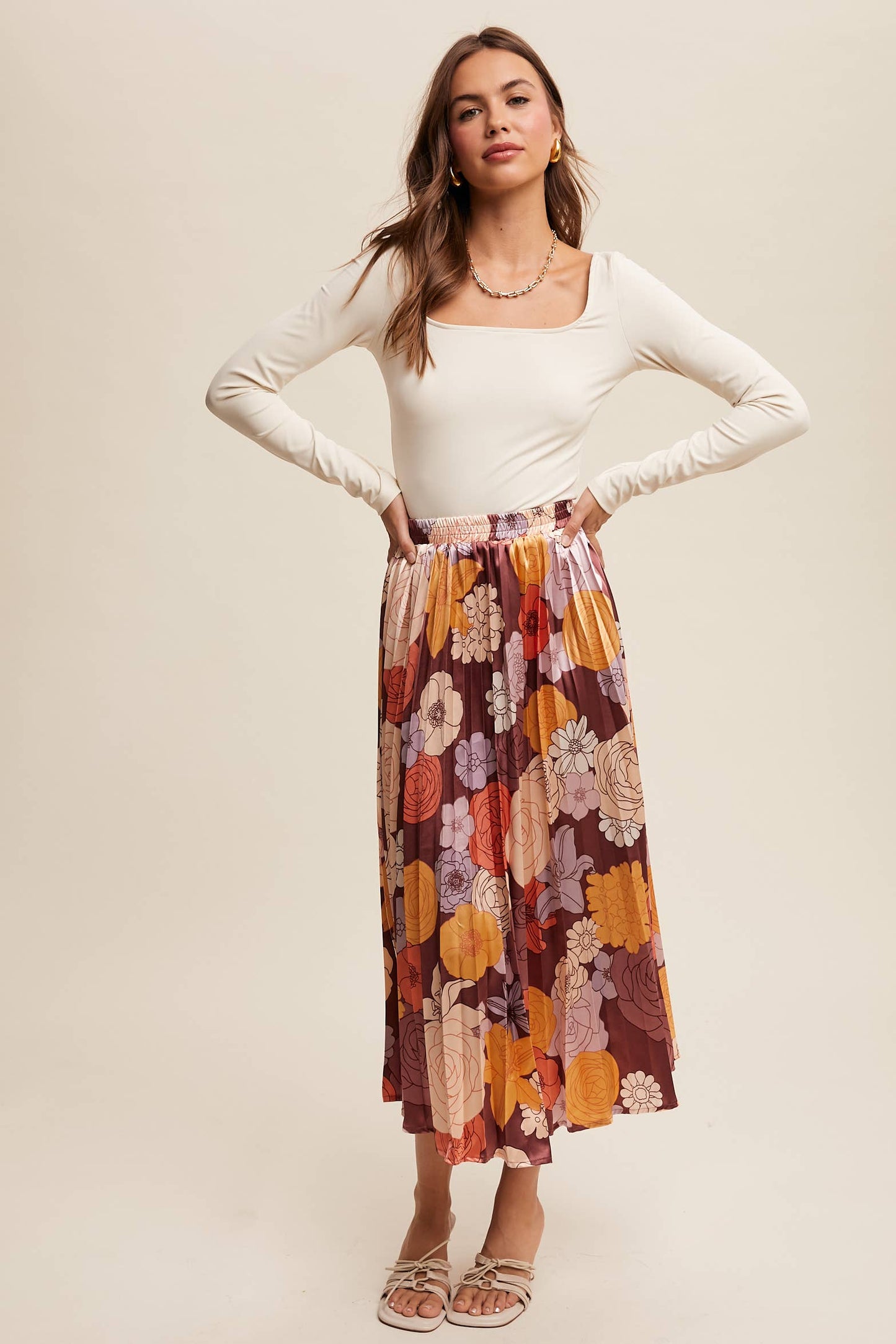 Bold Floral Pleated Midi Skirt