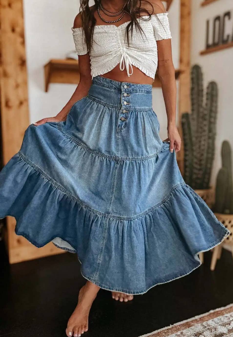 Boho Ruffled Denim Skirt