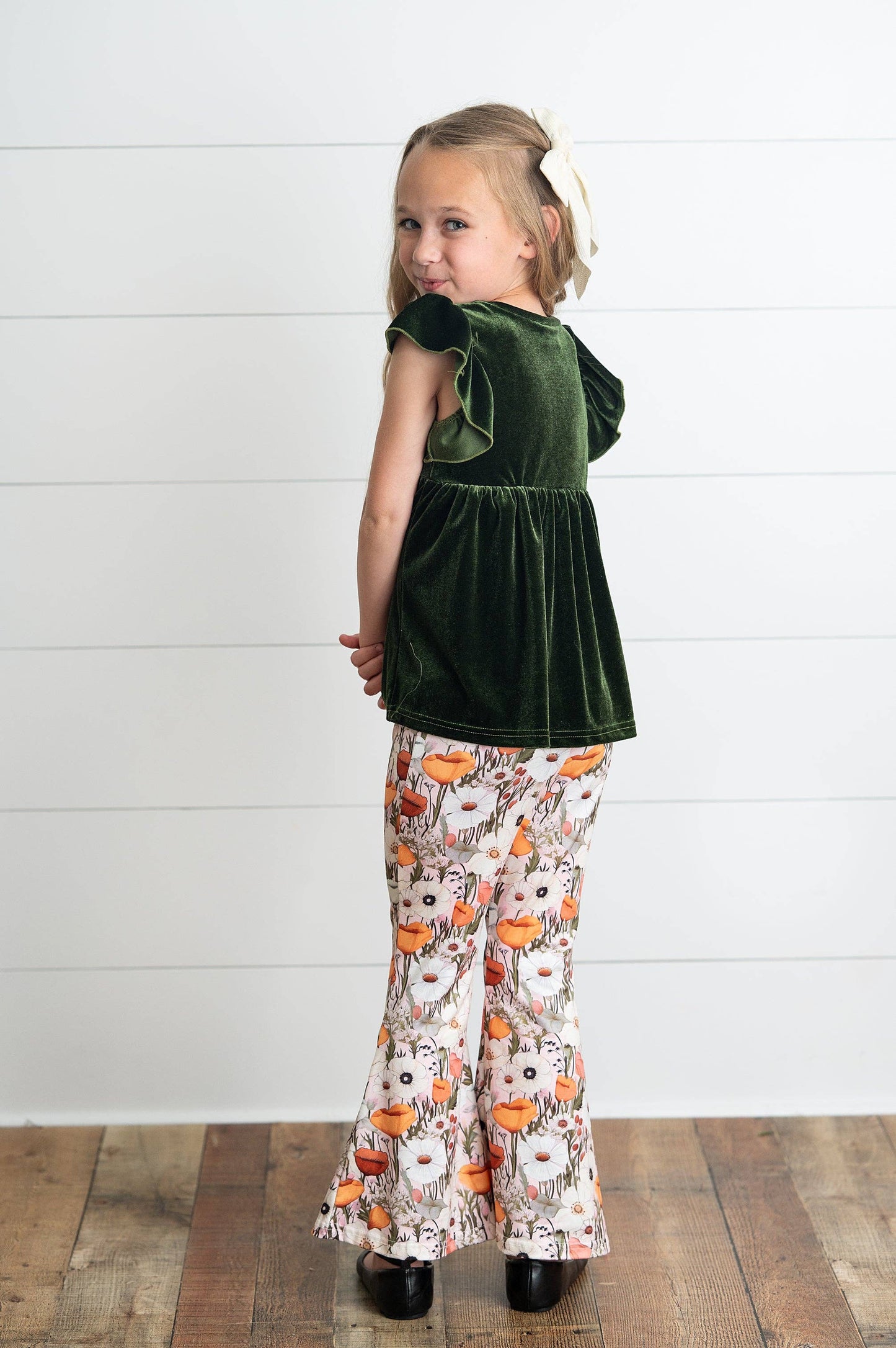 Girls Olive Velvet Ruffle Top & Retro Bell Bottom Pant Set