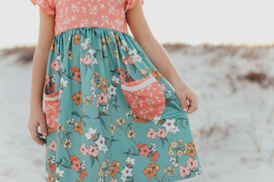 Kids Vintage Sage & Coral Floral Pocket Twirl Spring Dress: 3/4