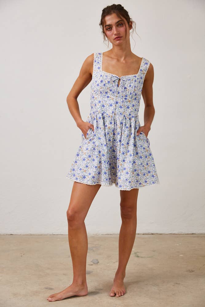 Floral Pleated Lace Detail Mini Dress