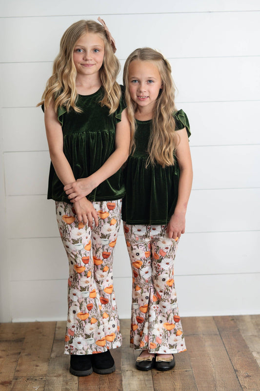 Girls Olive Velvet Ruffle Top & Retro Bell Bottom Pant Set
