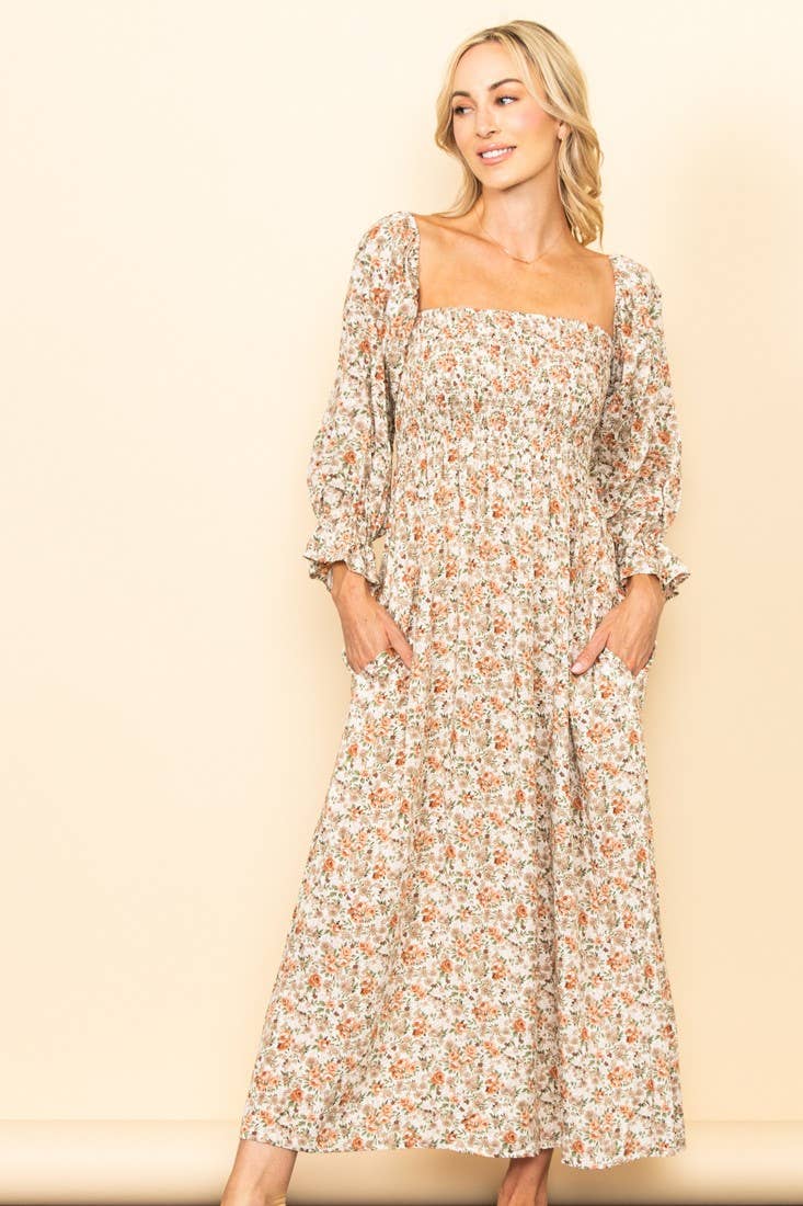 On Off Shoulder Smocked Chest Floral Long Sleeve Maxi Dress