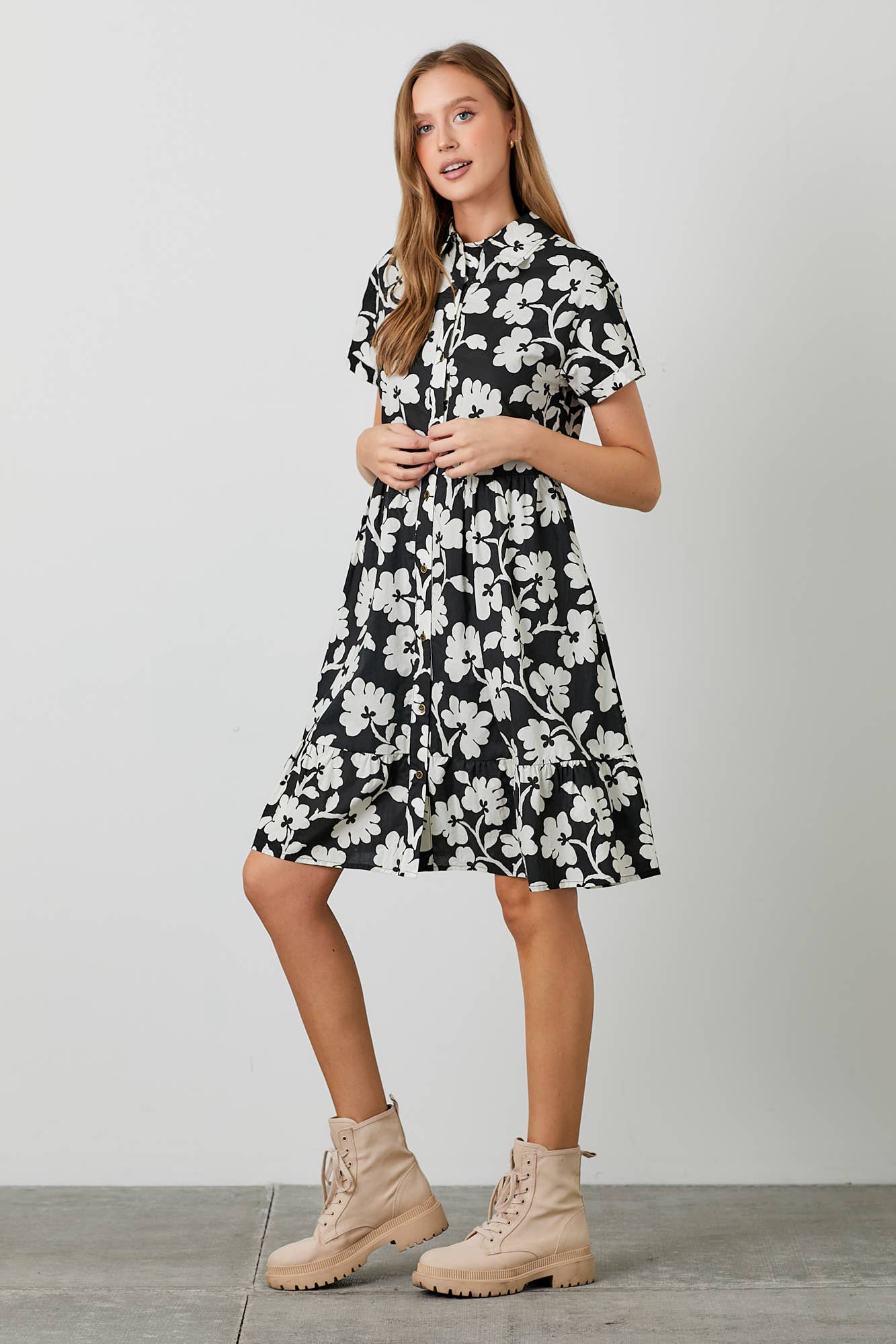 POPLIN PRINT MIDI TIERED SHIRT DRESS