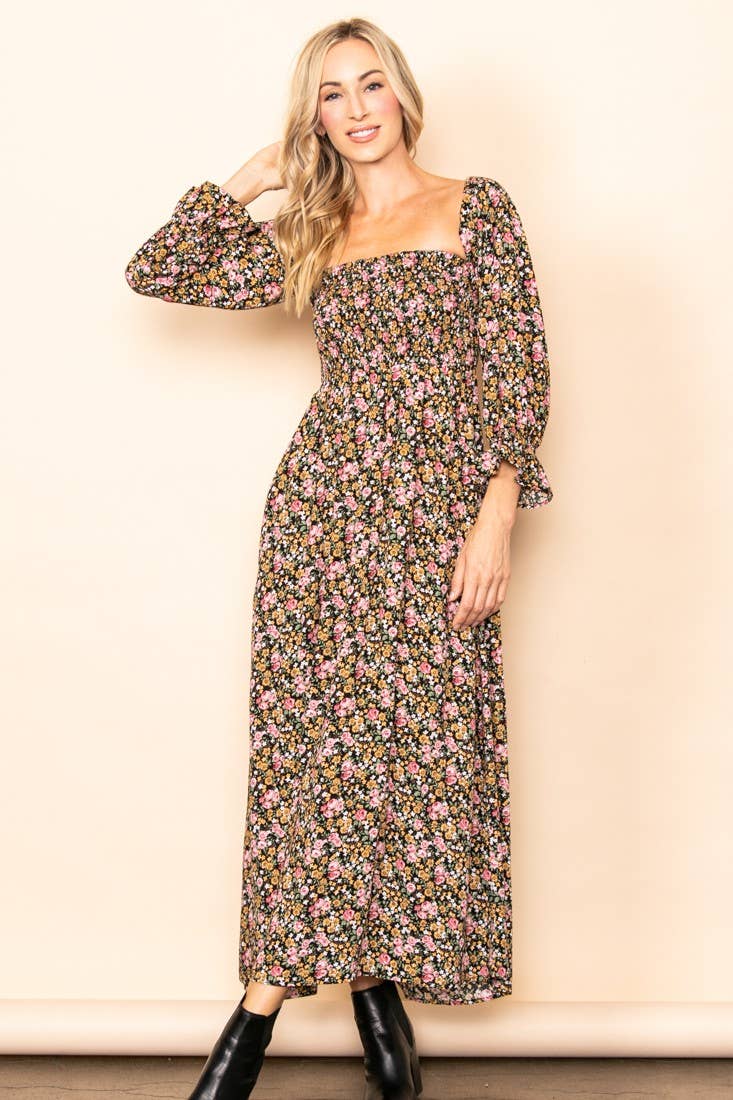 On Off Shoulder Smocked Chest Floral Long Sleeve Maxi Dress