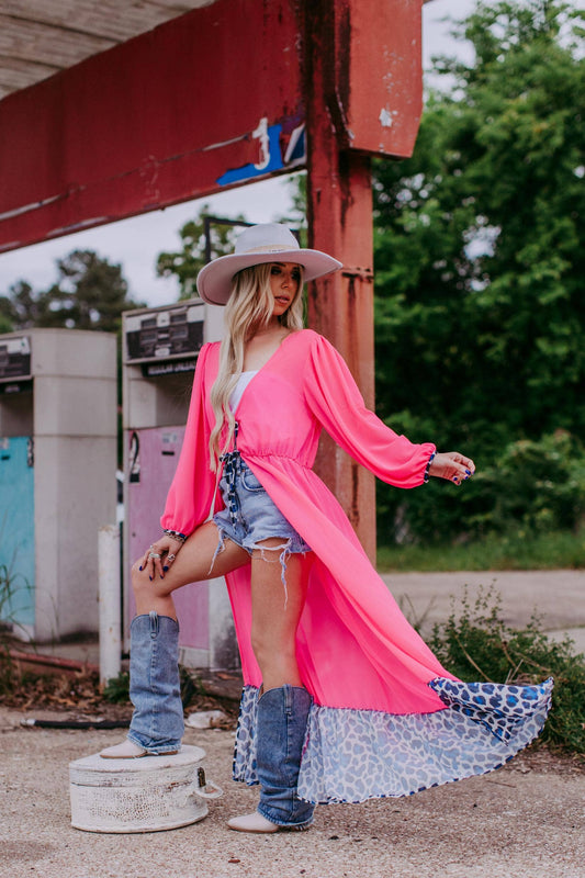 Pink Chiffon Leopard Print Kimono