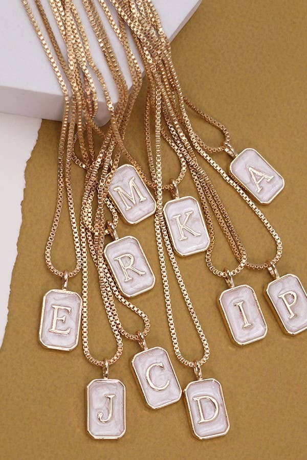 MONOGRAM INITIAL RECTANGLE PEARLY CHARM NECKLACE  |