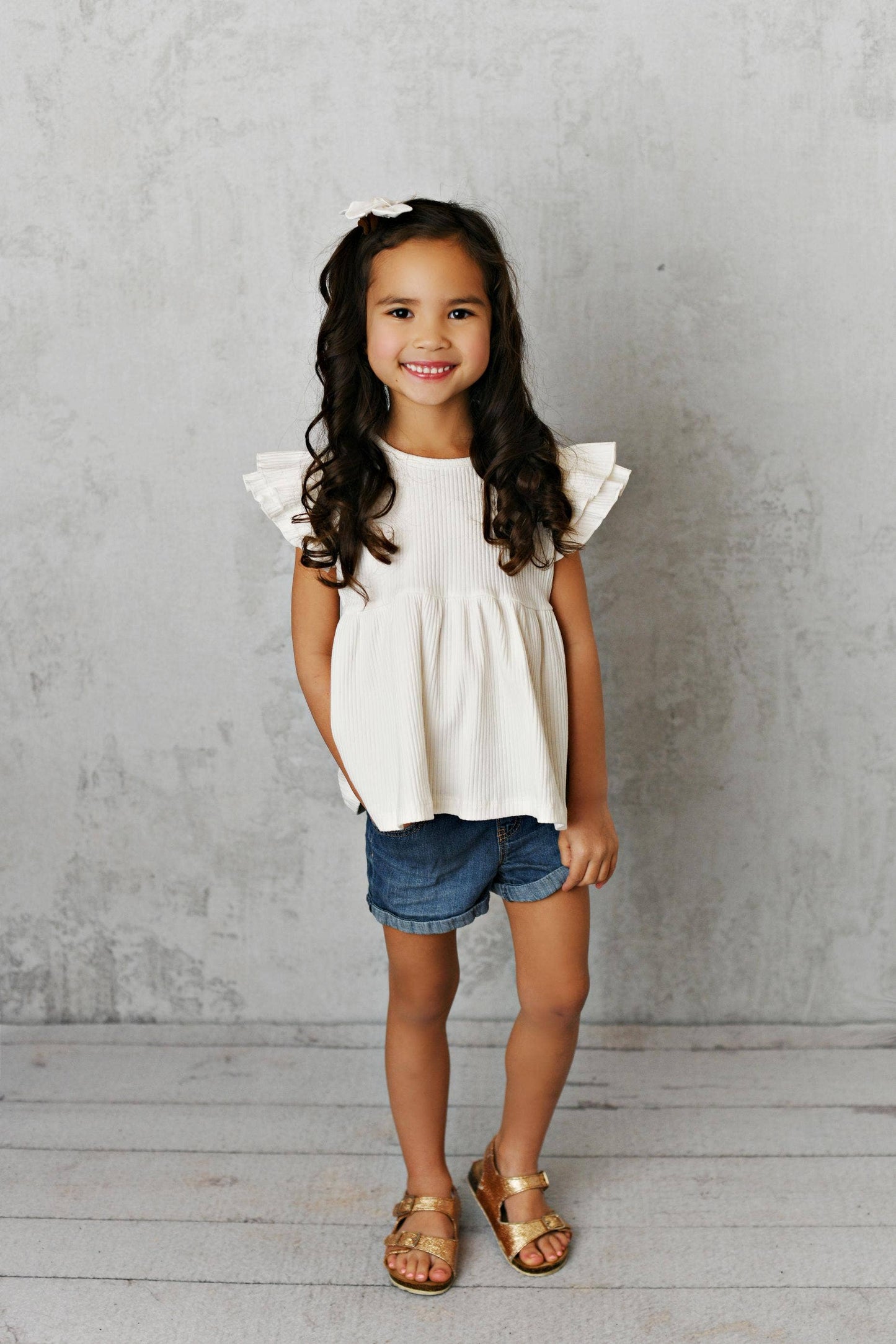 Kids White Double Ruffle Flutter Sleeve Spring Summer Shirt: 5/6
