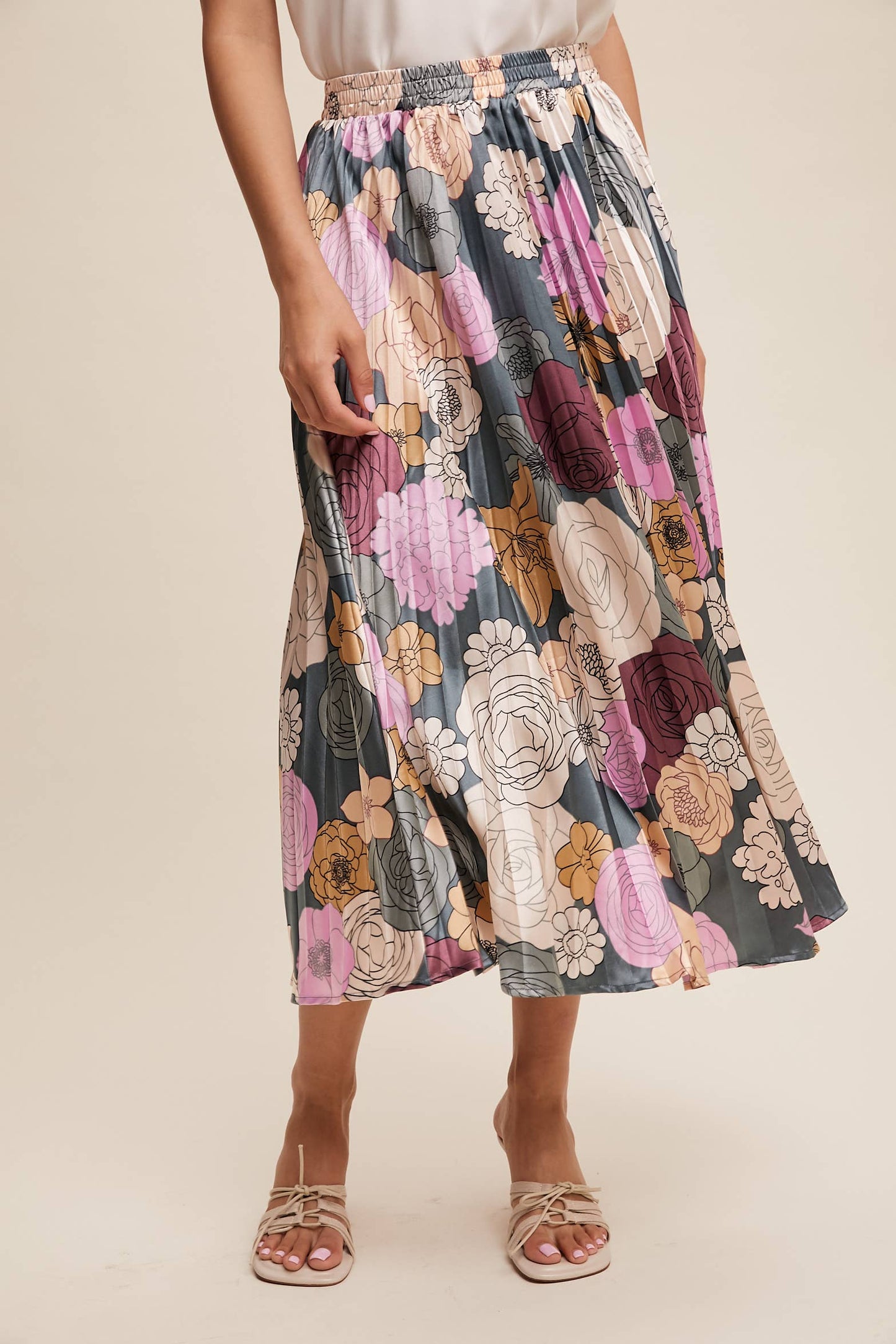 Bold Floral Pleated Midi Skirt