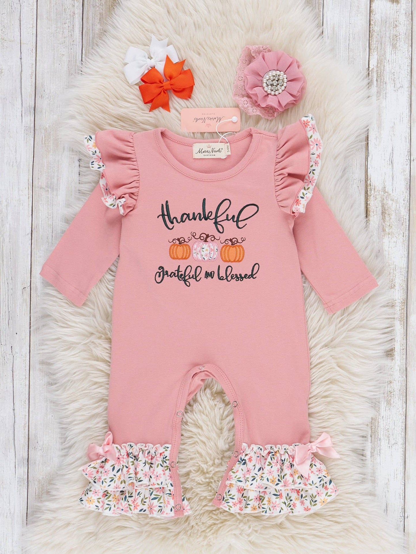 Thankful Graceful & Blessed Pumpkin Ruffle Romper