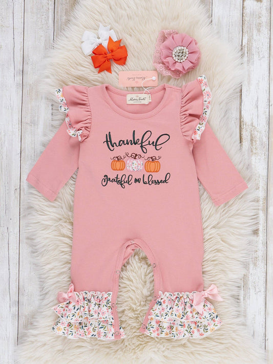 Thankful Graceful & Blessed Pumpkin Ruffle Romper