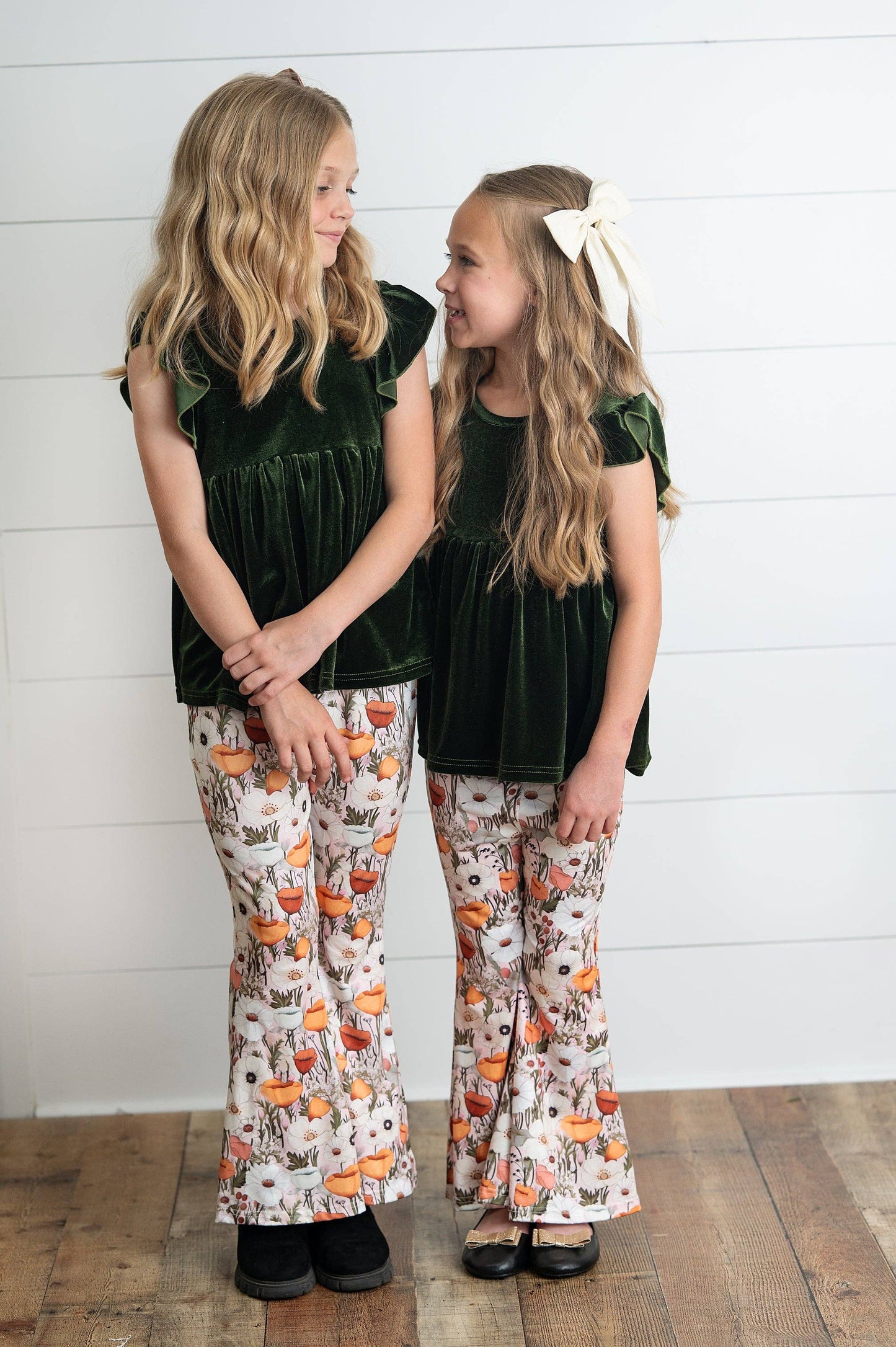 Girls Olive Velvet Ruffle Top & Retro Bell Bottom Pant Set