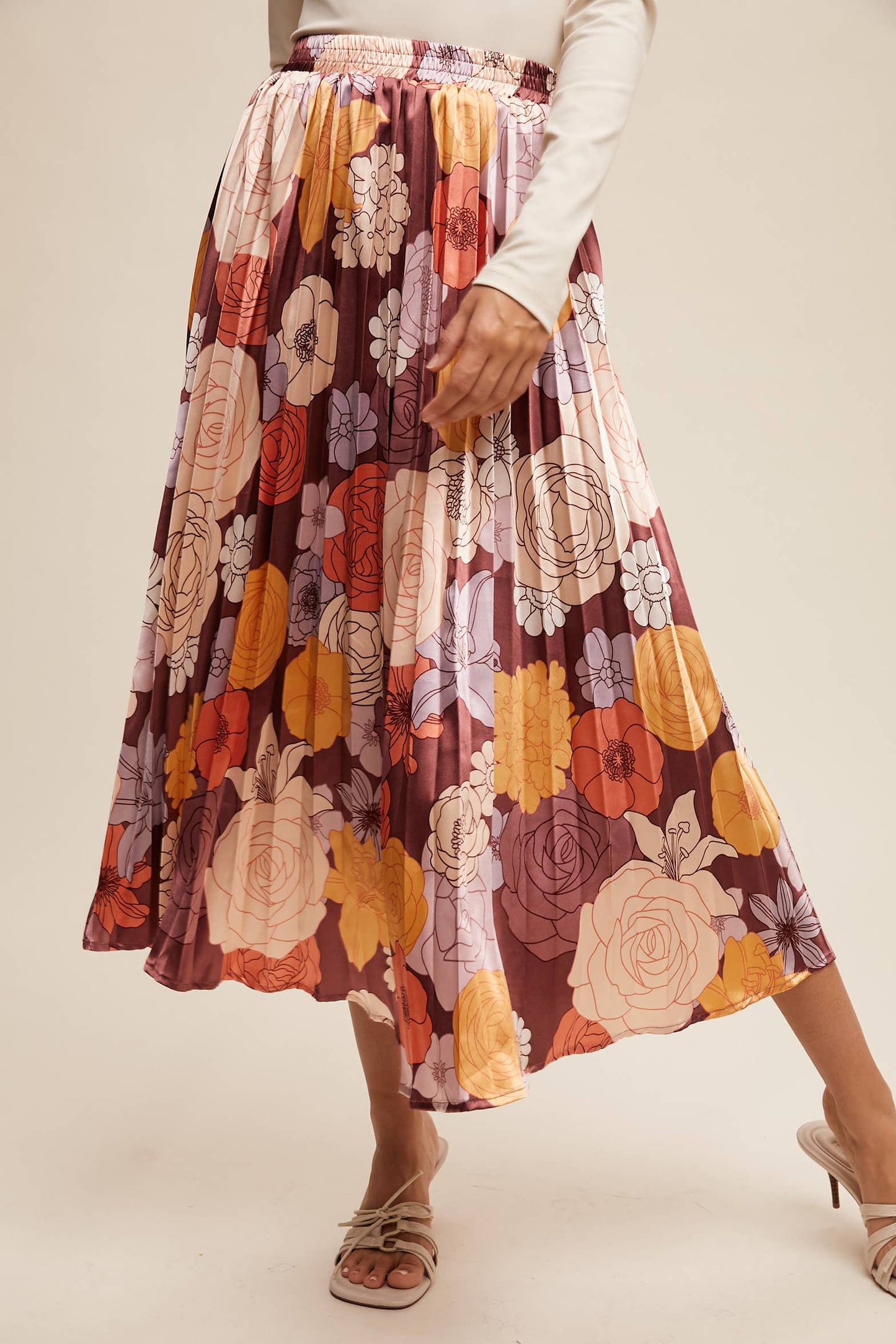 Bold Floral Pleated Midi Skirt
