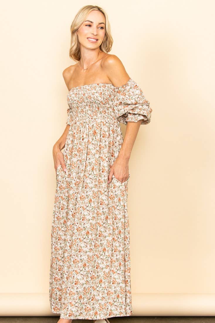 On Off Shoulder Smocked Chest Floral Long Sleeve Maxi Dress