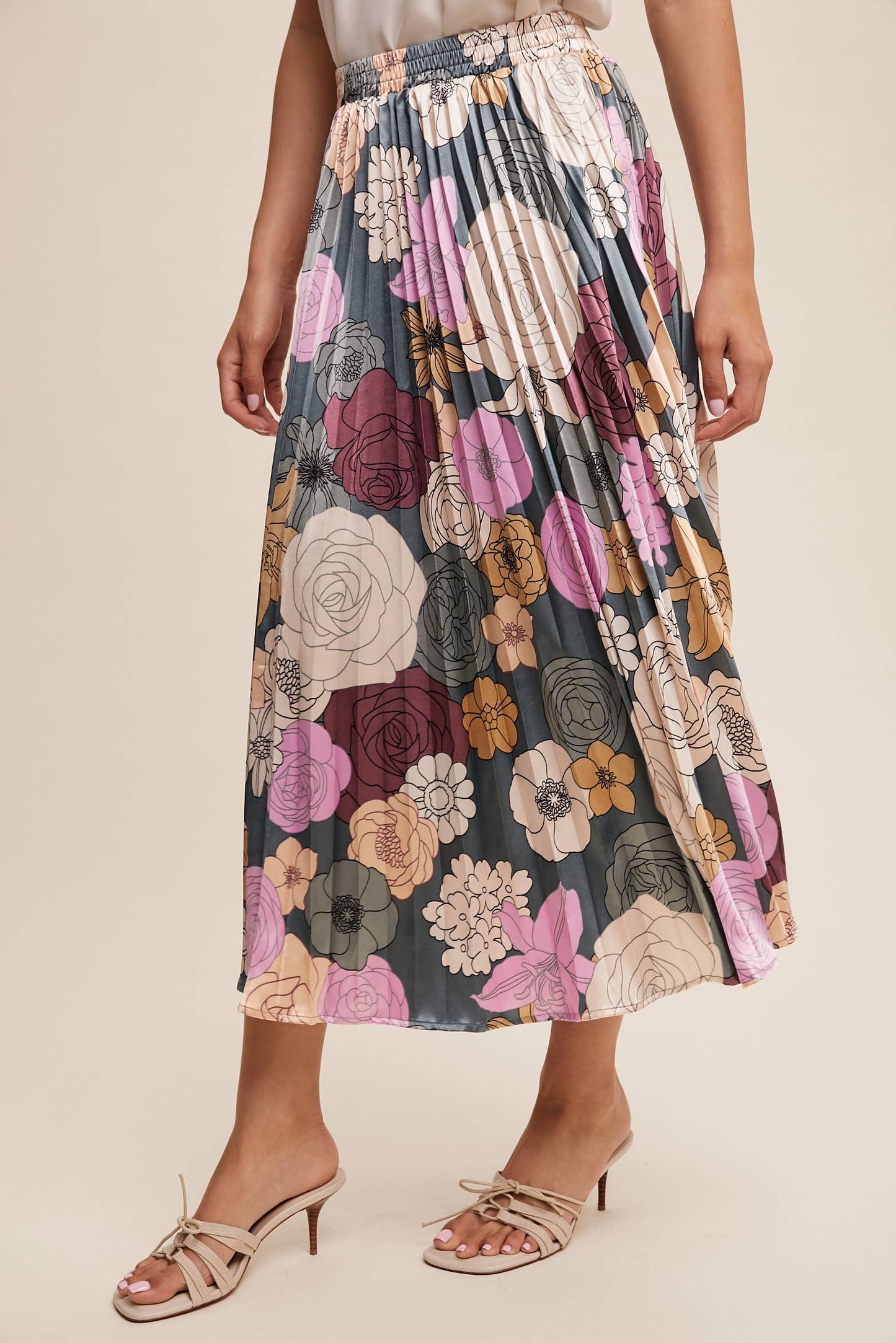 Bold Floral Pleated Midi Skirt