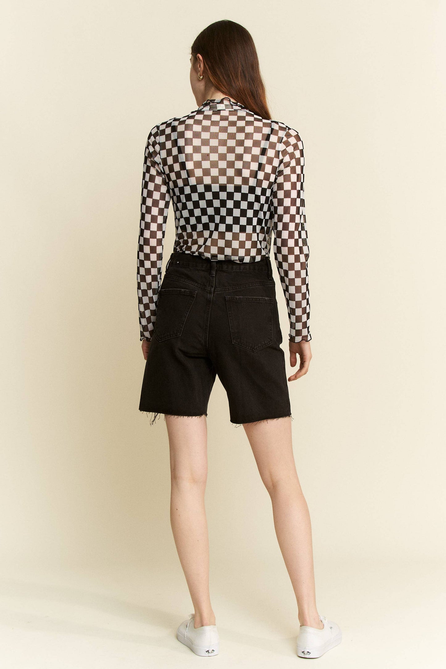 CHECKERED MESH MOCK NECK TOP
