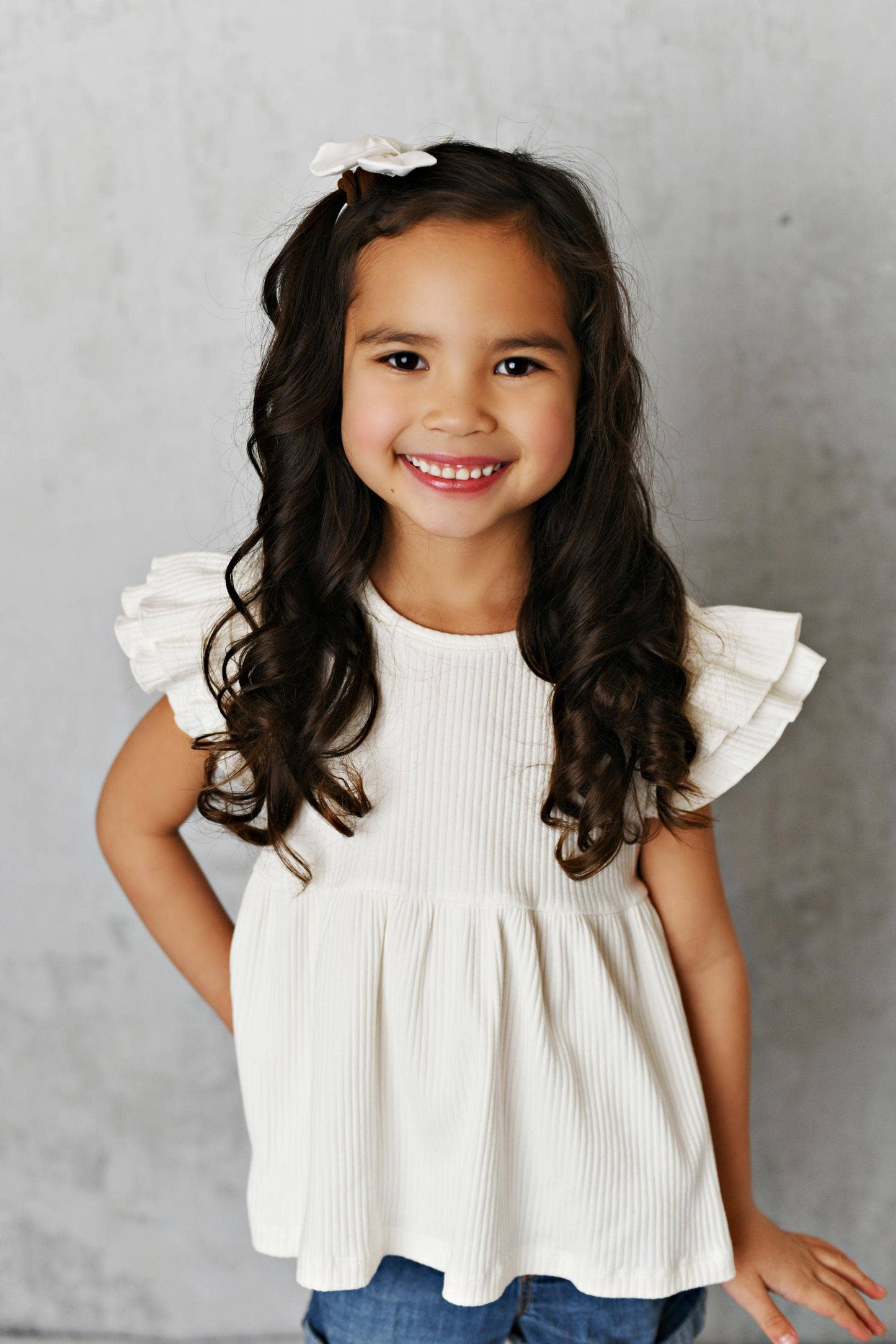 Kids White Double Ruffle Flutter Sleeve Spring Summer Shirt: 5/6