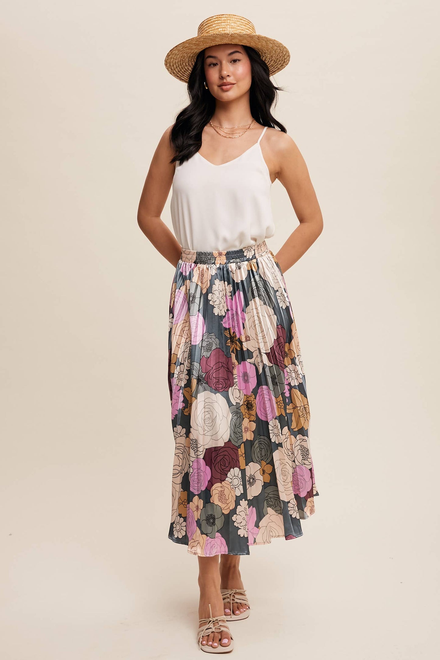 Bold Floral Pleated Midi Skirt