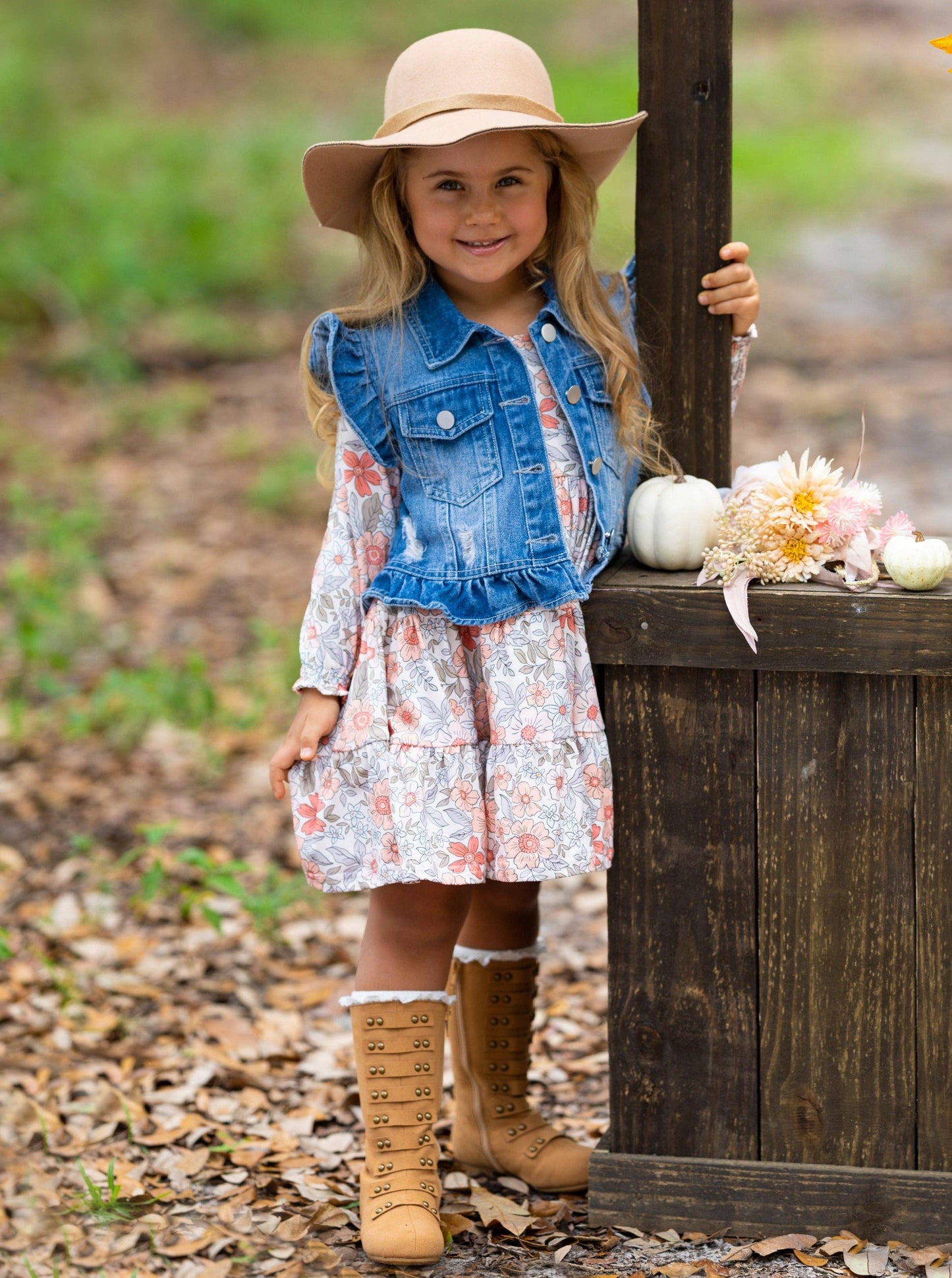 Long Sleeve Floral Dress w/ Ruffle Denim Vest & Set