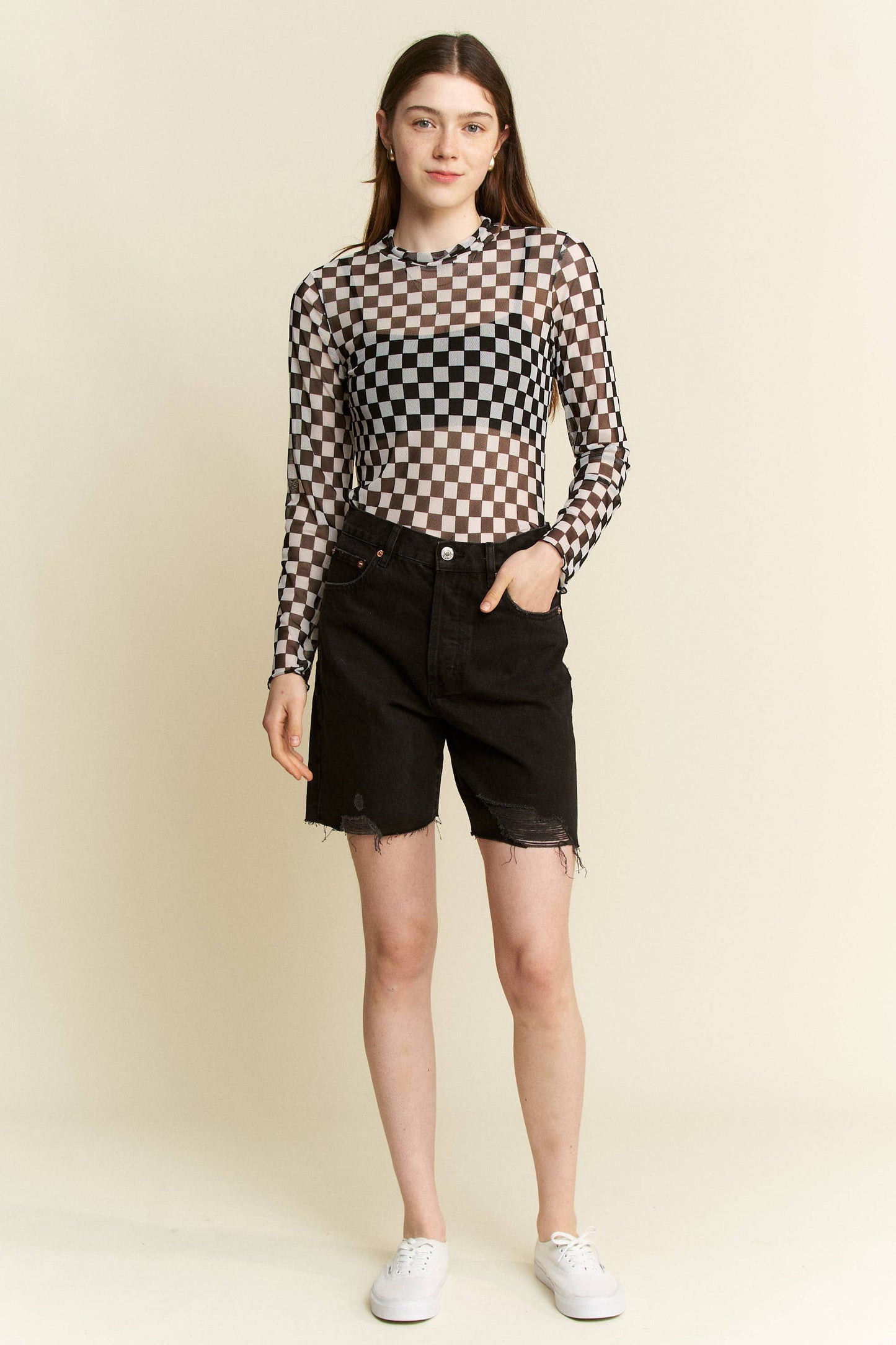 CHECKERED MESH MOCK NECK TOP