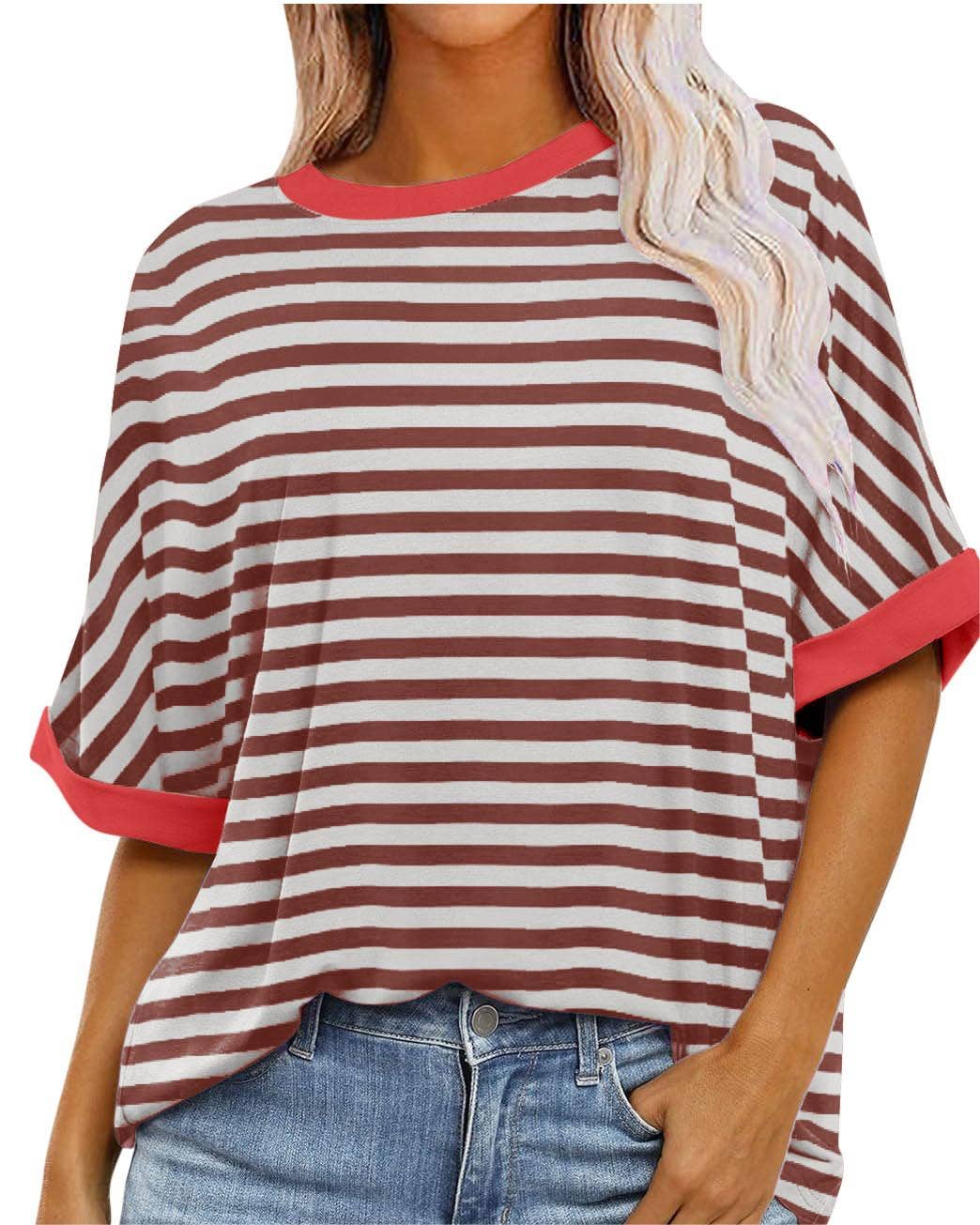 casual striped color block print T-shirt