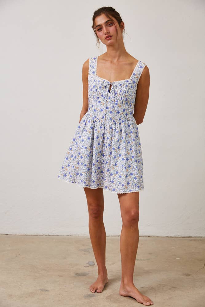 Floral Pleated Lace Detail Mini Dress