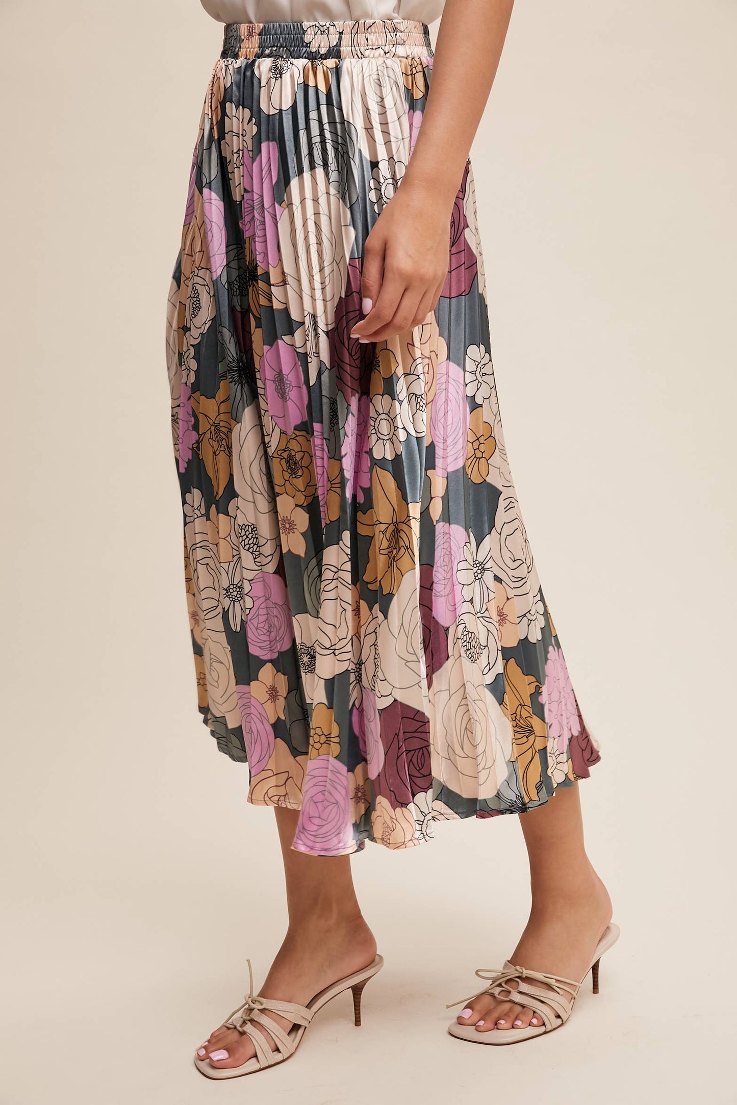 Bold Floral Pleated Midi Skirt