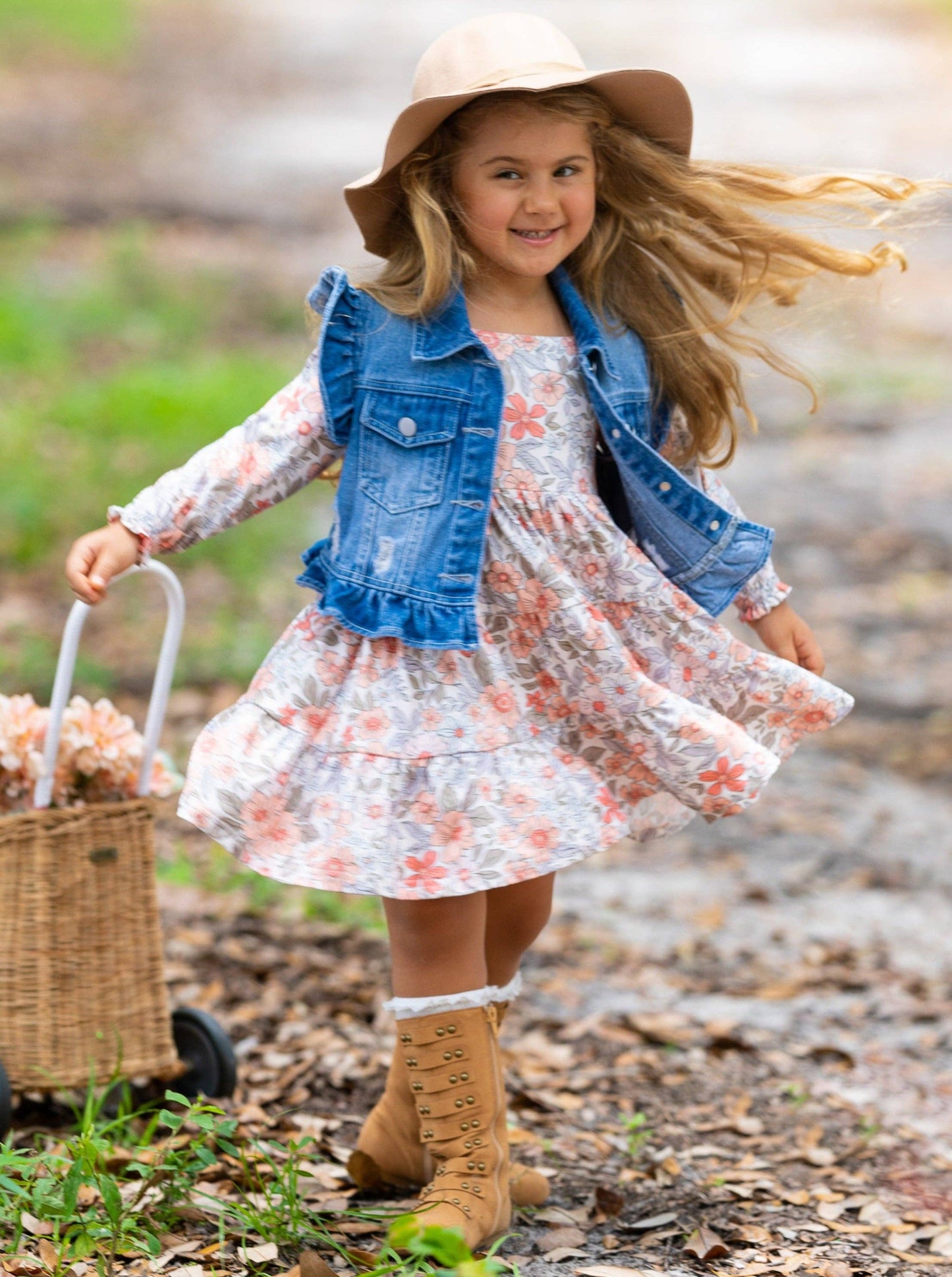 Long Sleeve Floral Dress w/ Ruffle Denim Vest & Set