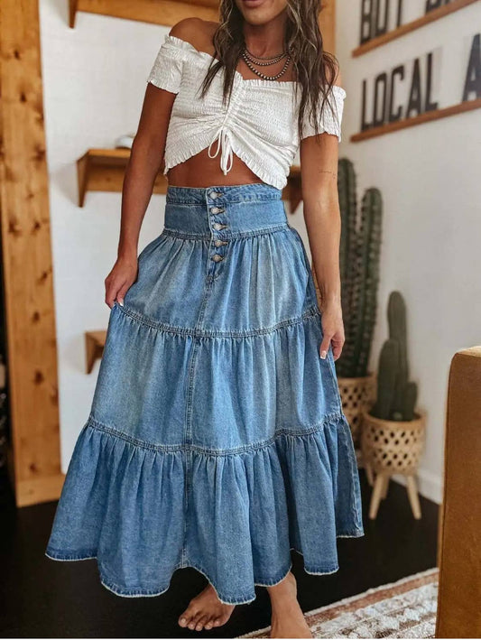 Boho Ruffled Denim Skirt