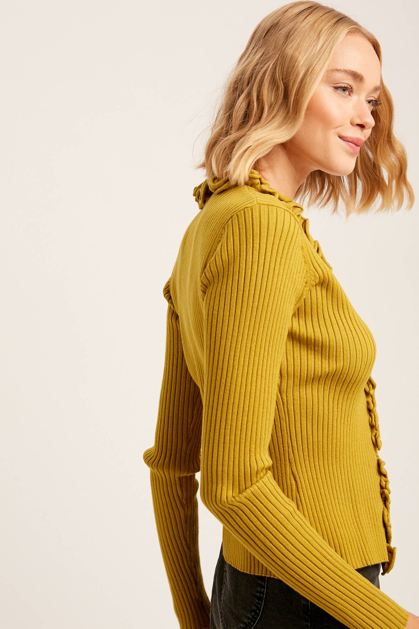 Ruffle Trim Ribbed Cardigan