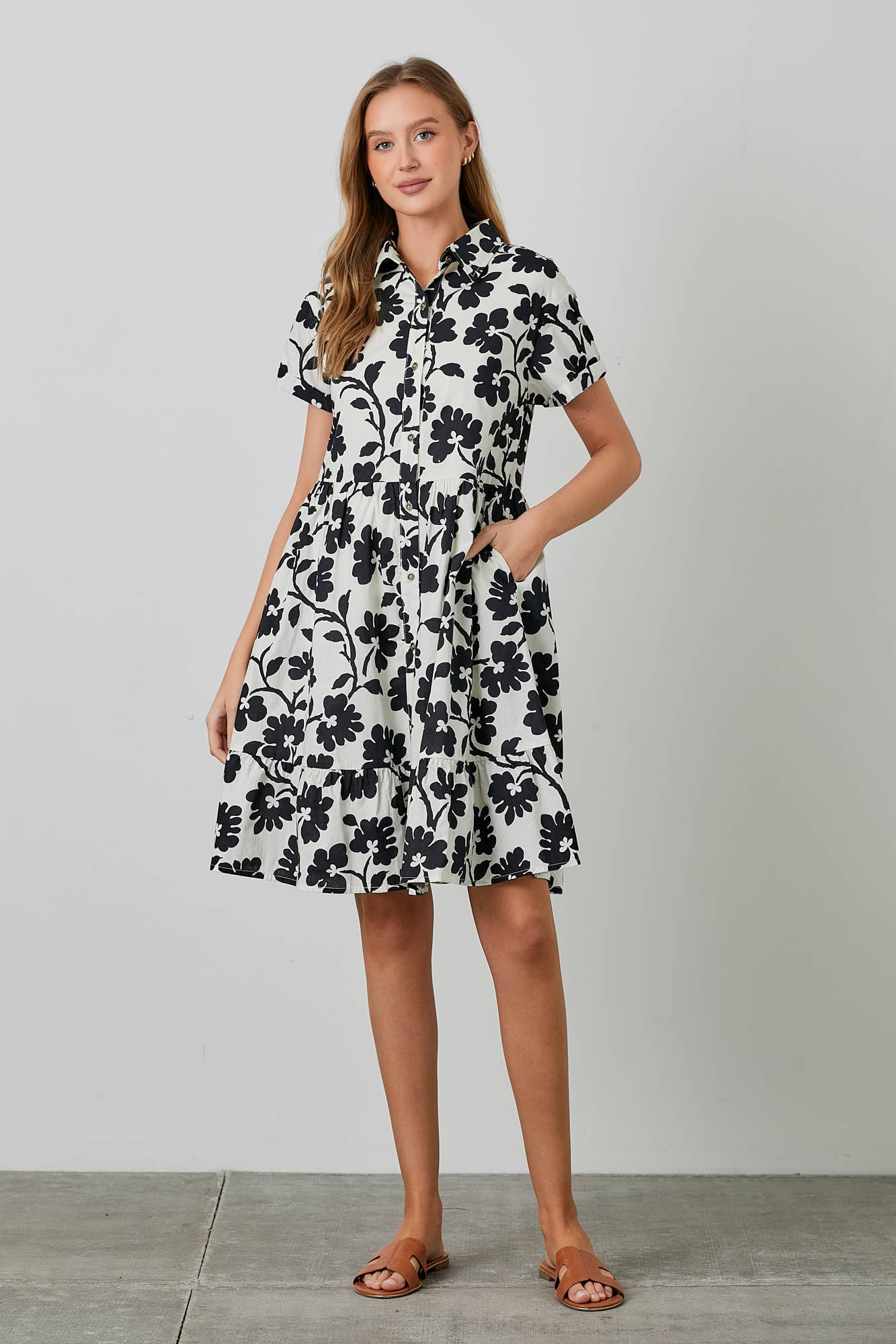 POPLIN PRINT MIDI TIERED SHIRT DRESS