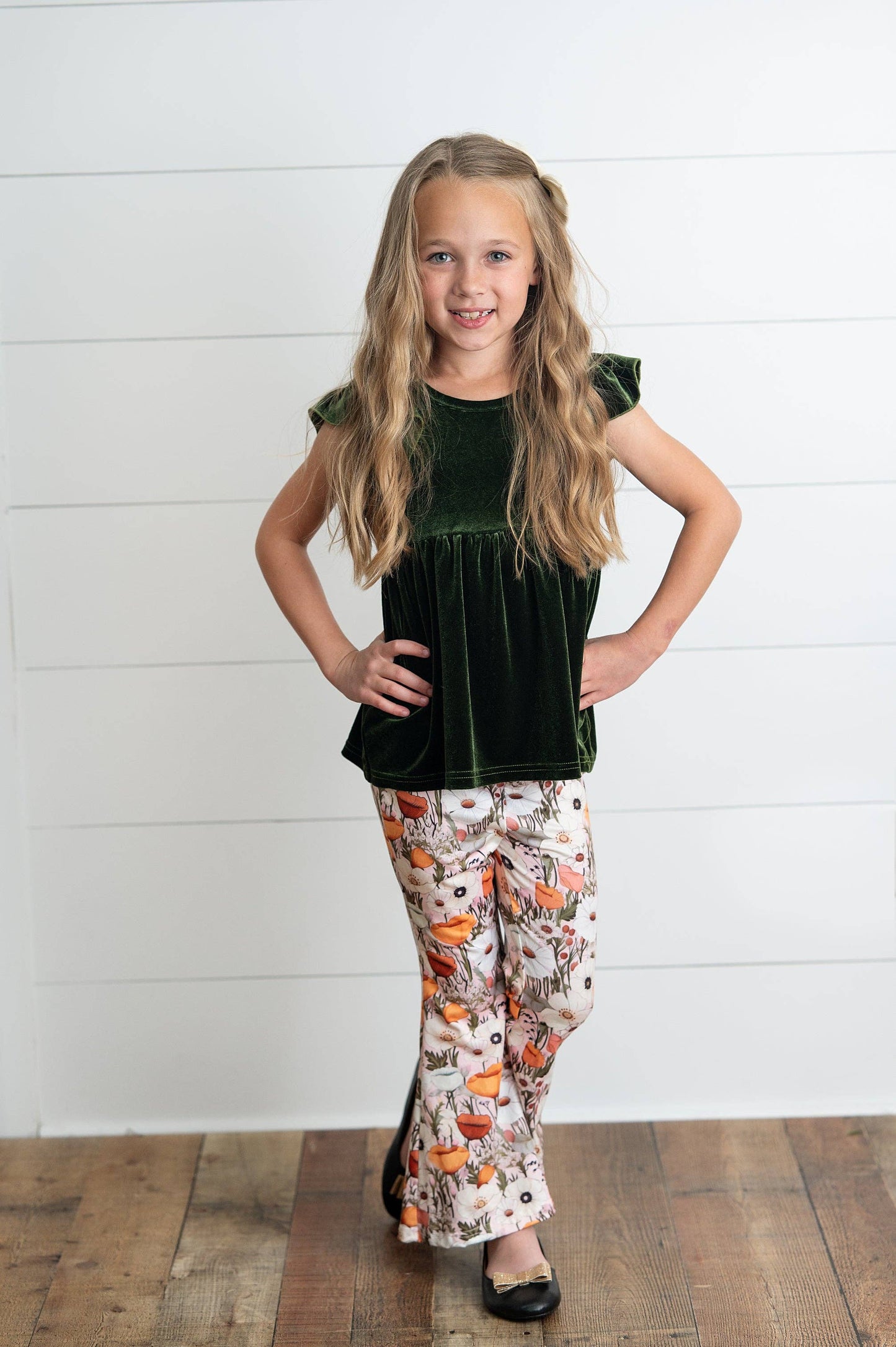 Girls Olive Velvet Ruffle Top & Retro Bell Bottom Pant Set