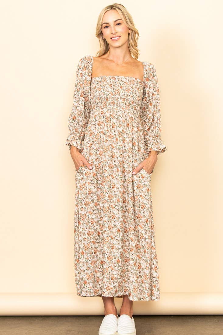 On Off Shoulder Smocked Chest Floral Long Sleeve Maxi Dress