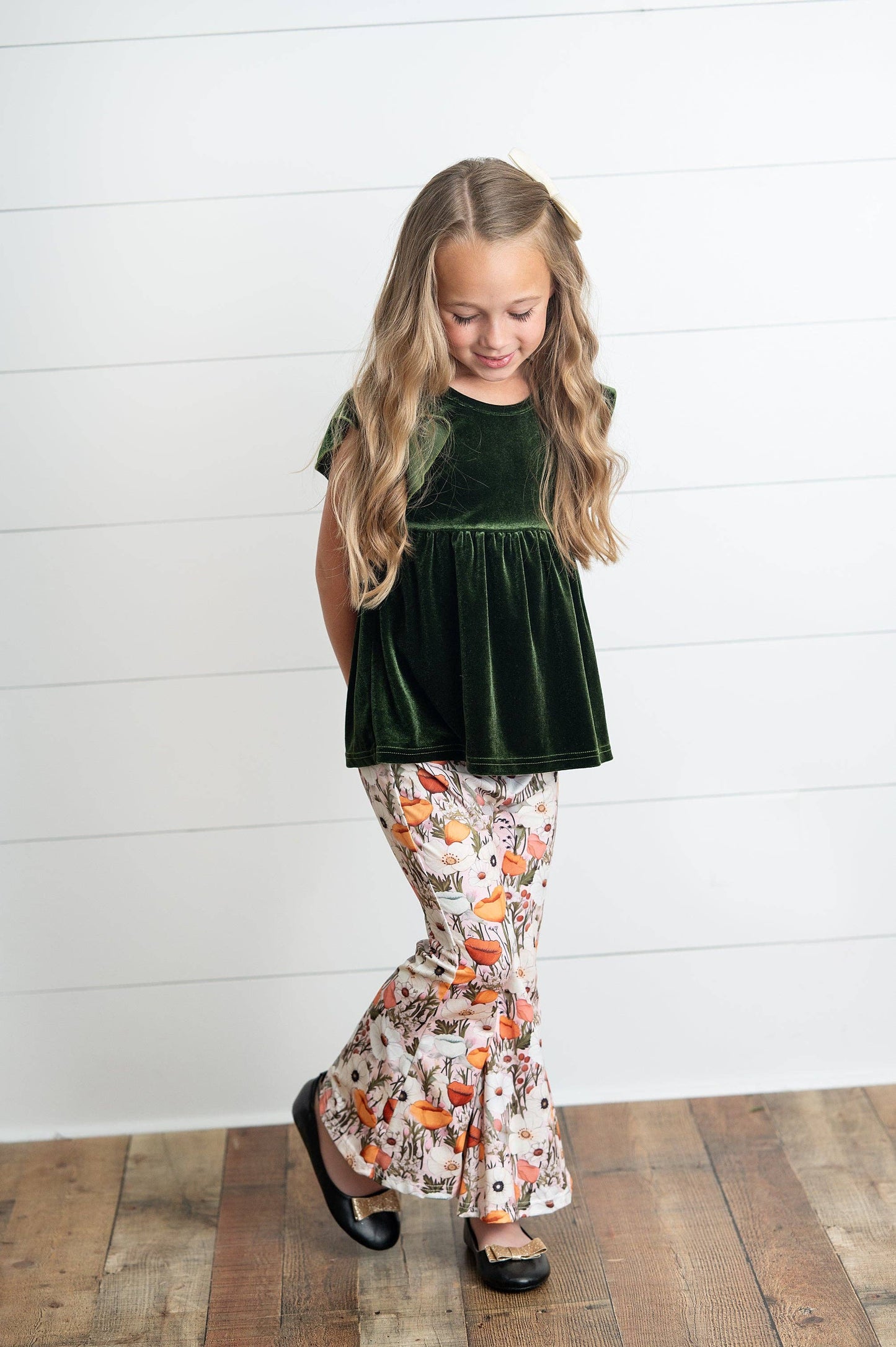 Girls Olive Velvet Ruffle Top & Retro Bell Bottom Pant Set