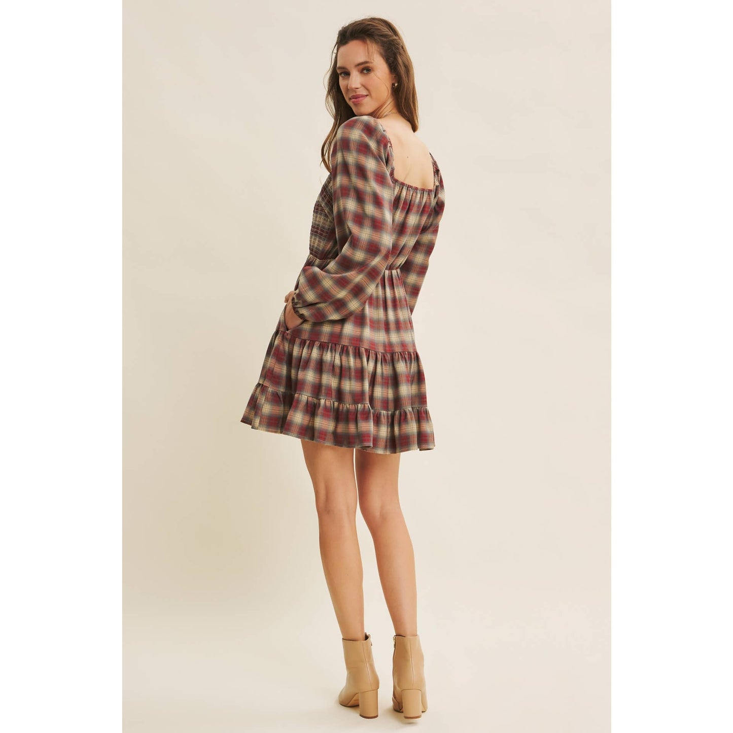 PLAID MINI SMOCKED DRESS WITH RUFFLES