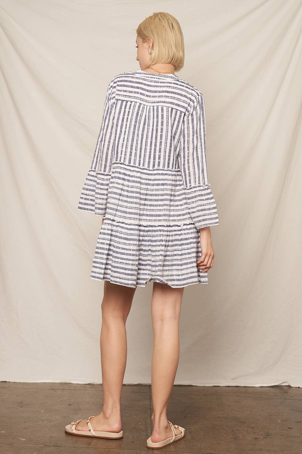 3/4 Sleeve V-Neck Striped Tiered Mini Dress