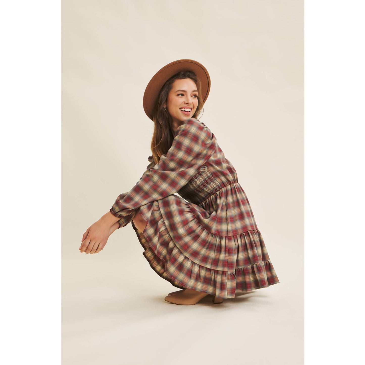 PLAID MINI SMOCKED DRESS WITH RUFFLES