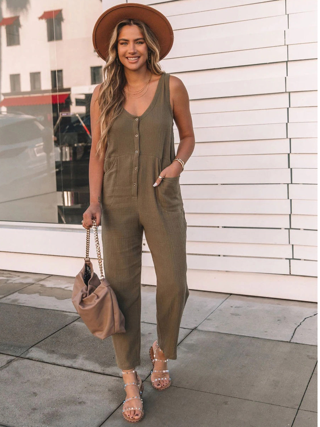 Matcha Green Scoop Neck Wide Strap Jumpsuit