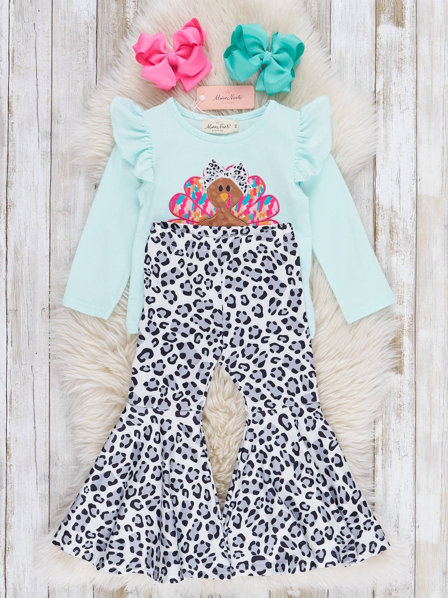 "Thankful" Embroidered Leopard Bell Bottom Outfit