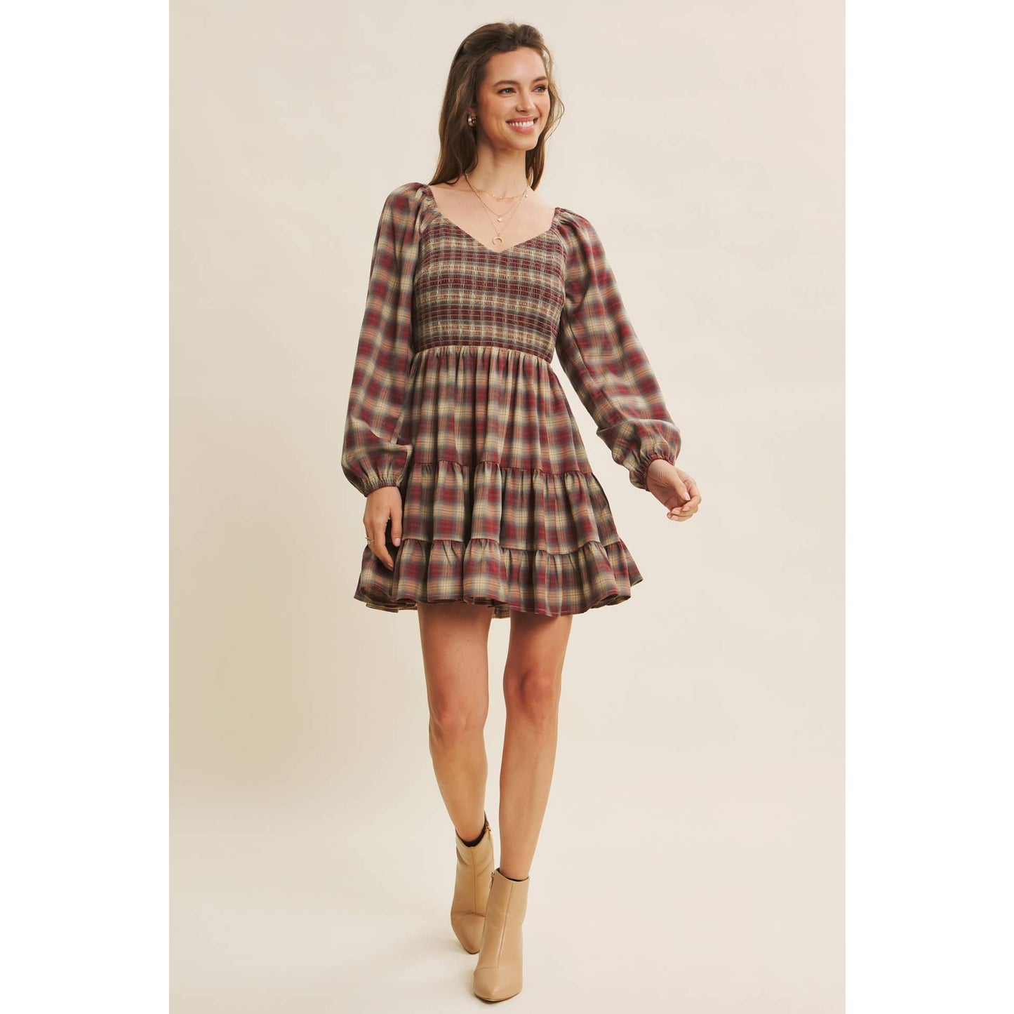 PLAID MINI SMOCKED DRESS WITH RUFFLES