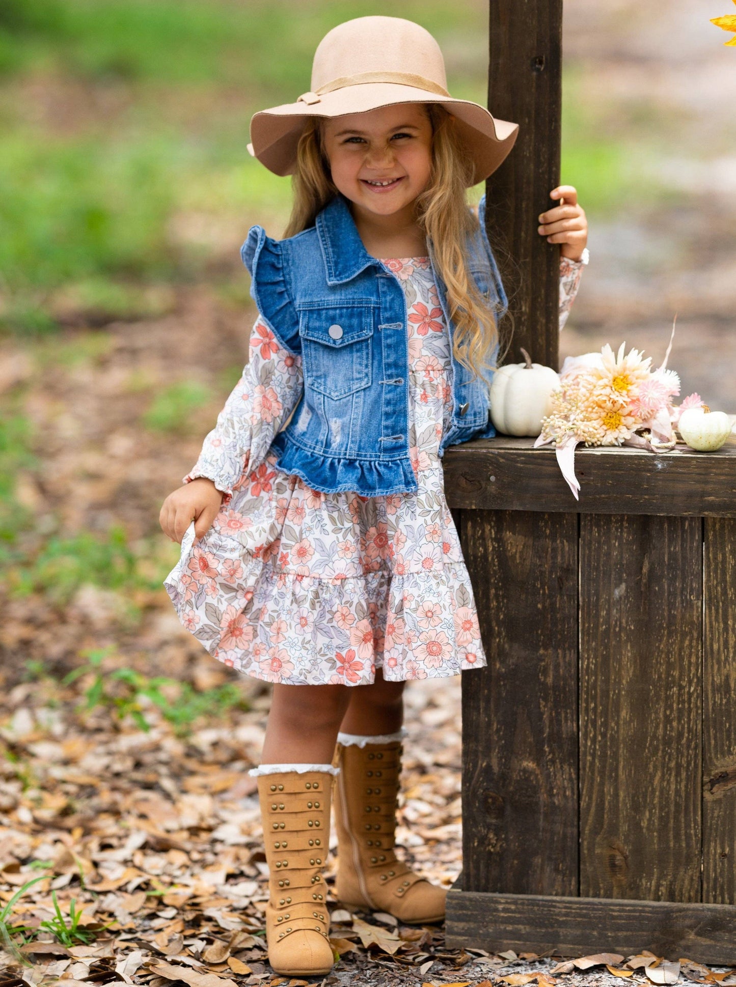 Long Sleeve Floral Dress w/ Ruffle Denim Vest & Set