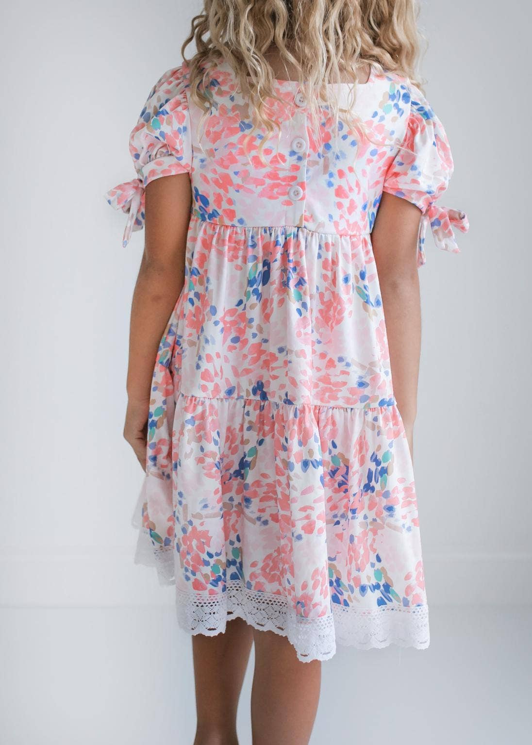 Kids Pink & Blue Lace Tiered Square Neck Spring Summer Dress: 3/4