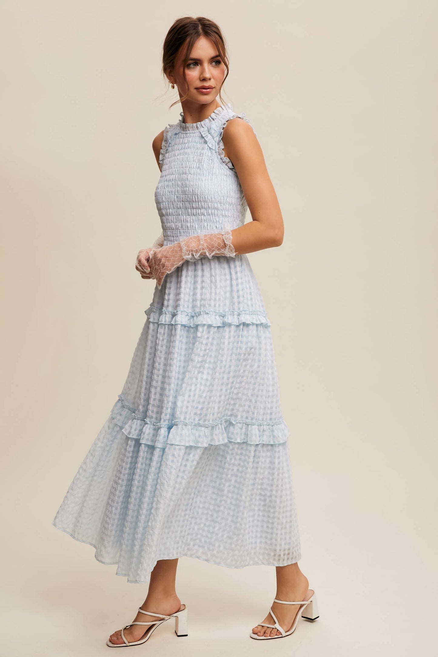 Sleeveless Gingham Maxi Dress with Ruffle Details