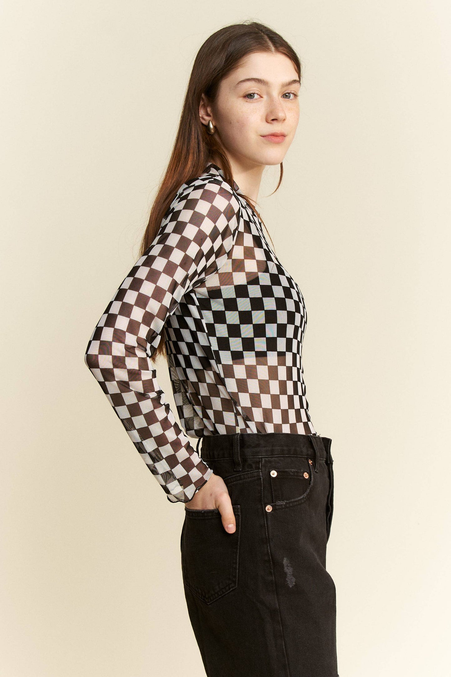 CHECKERED MESH MOCK NECK TOP