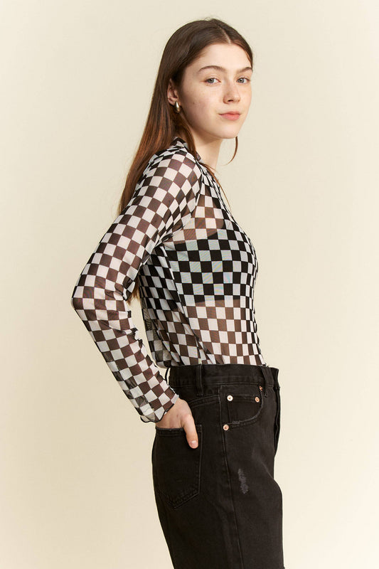 CHECKERED MESH MOCK NECK TOP